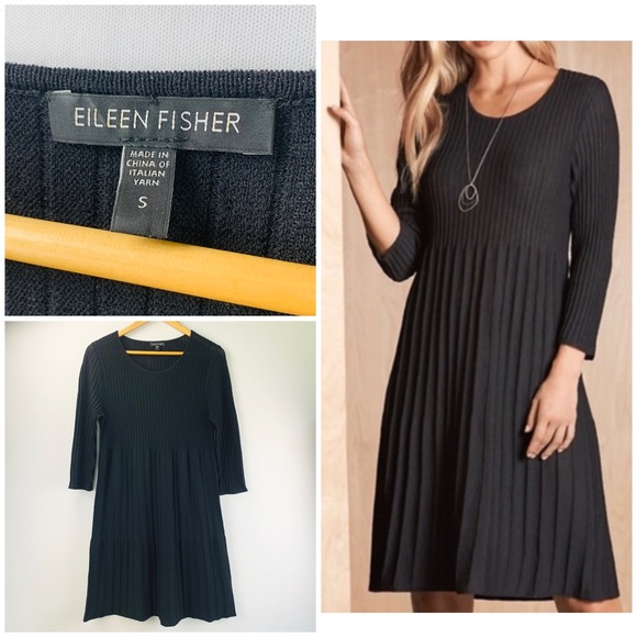 Eileen Fisher Dresses & Skirts - Eileen Fisher Wool Scoop Neck Pleated Ribbed Fit Flare 7/8 Sleeve Dress Black